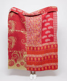 artisan made cherry red & tan swirling kantha quilt throw  