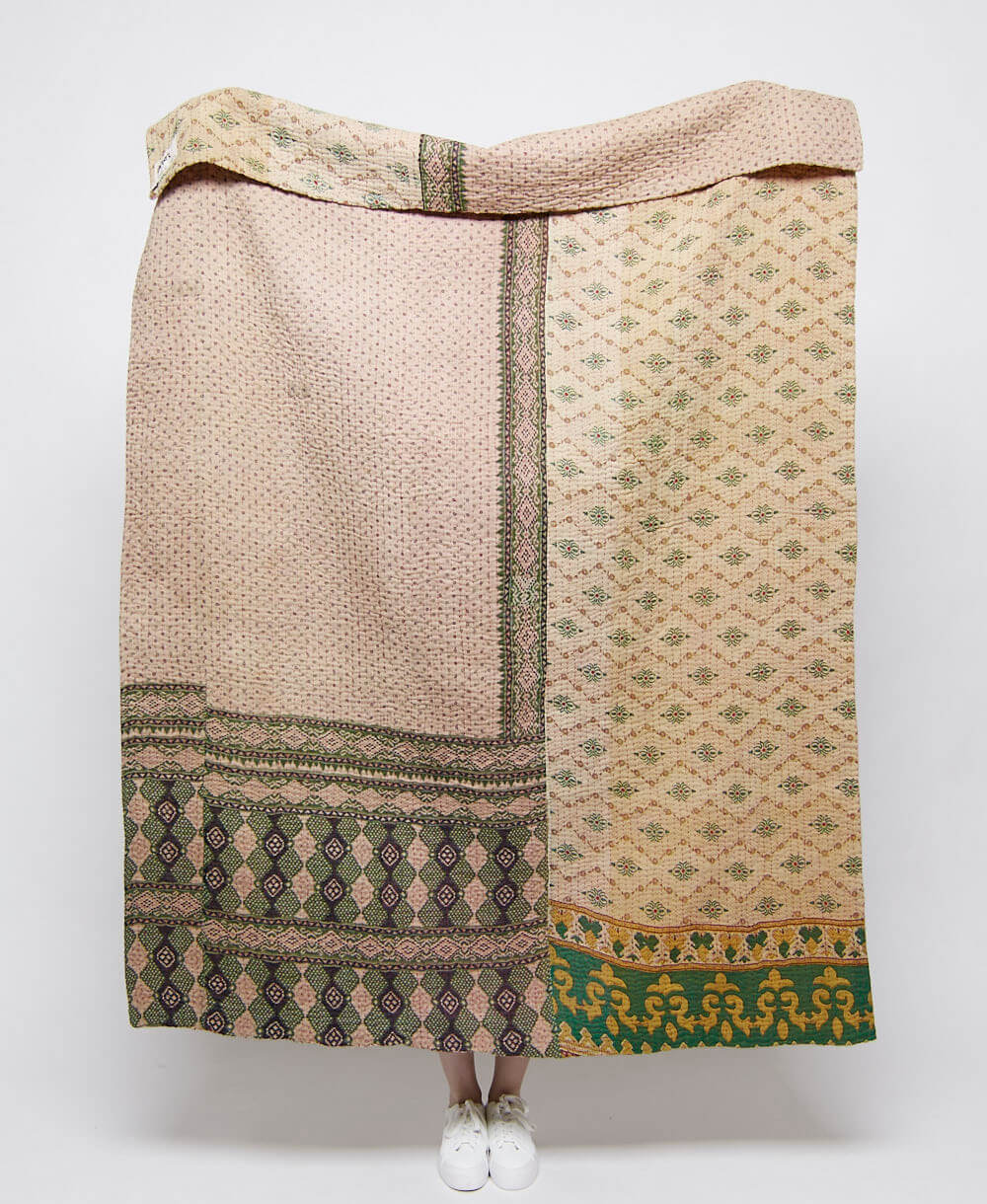 artisan made yellow-beige & emerald diamond kantha quilt throw  