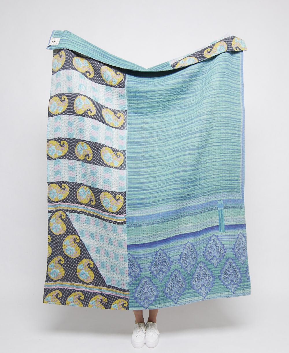  Artisan made blue & navy paisley kantha quilt throw  