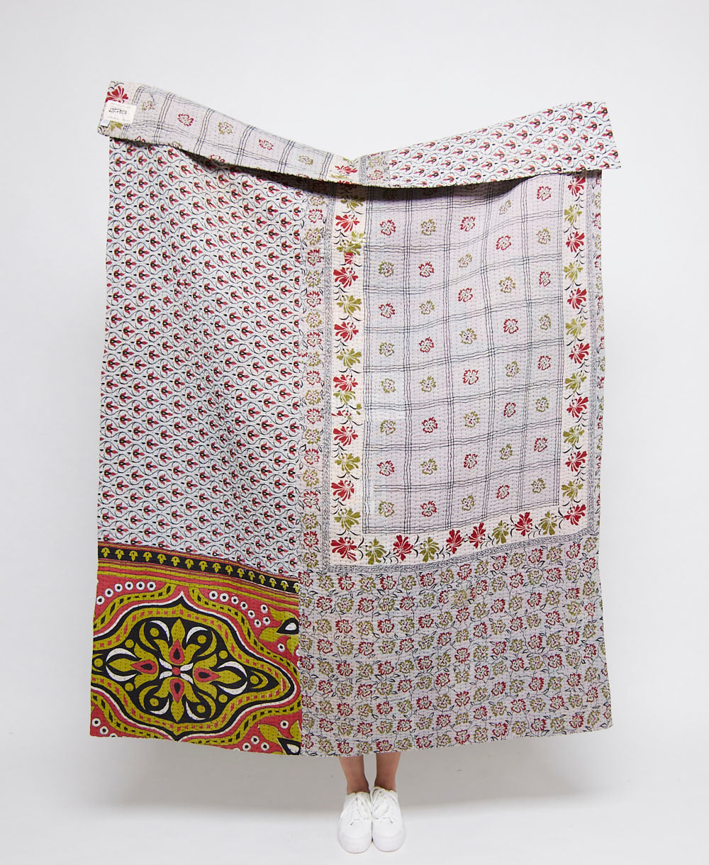  Artisan made red & green floral kantha quilt throw  