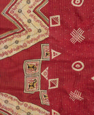 Kantha quilt throw featuring crimson red geometric traditional kantha hand stitching