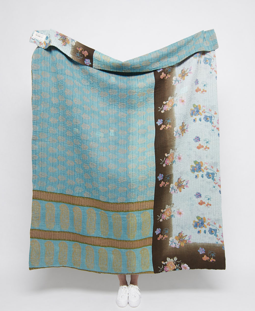  Artisan made blue & brown floral kantha quilt throw  