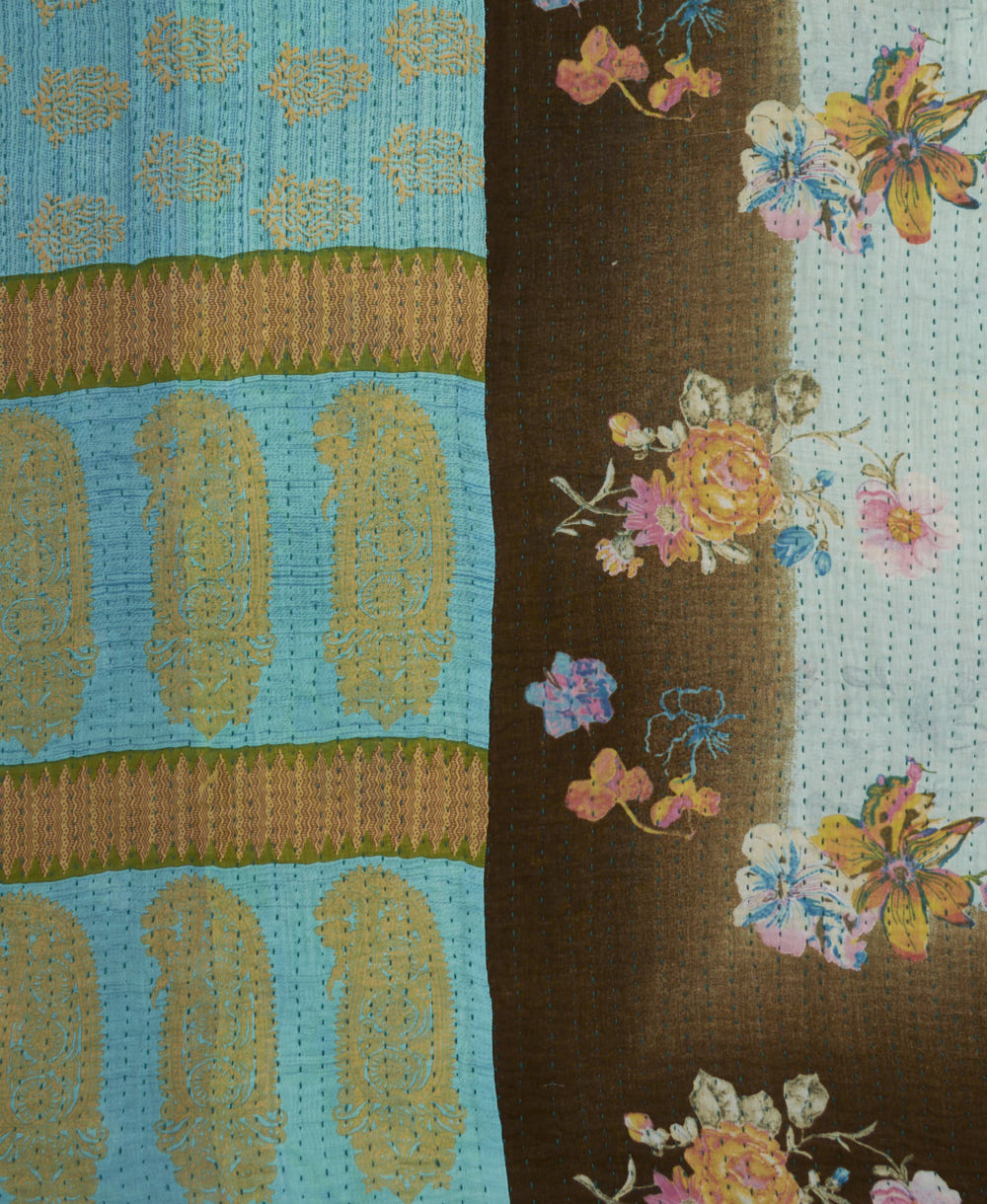 blue & brown floral Kantha quilt throw made of recycled vintage saris