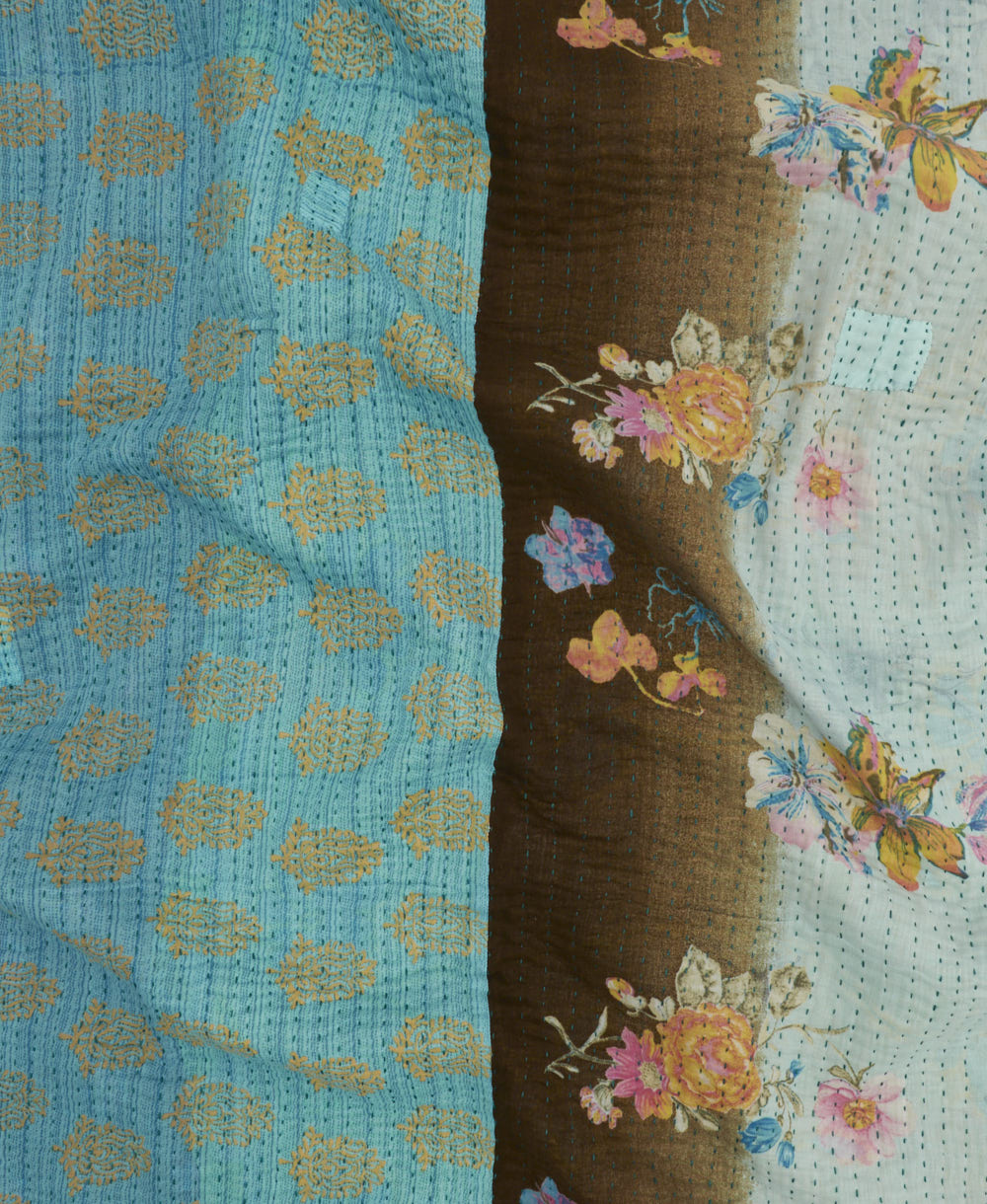 Kantha quilt throw featuring blue & brown floral traditional kantha hand stitching