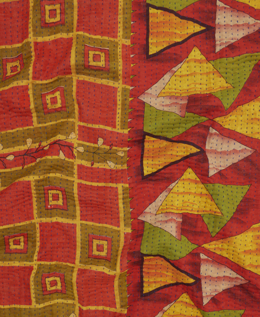 Kantha quilt throw featuring bright red geometric traditional kantha hand stitching