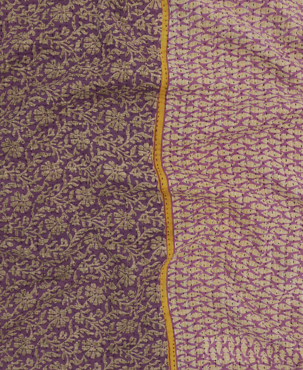 Kantha quilt throw featuring lilac purple floral traditional kantha hand stitching