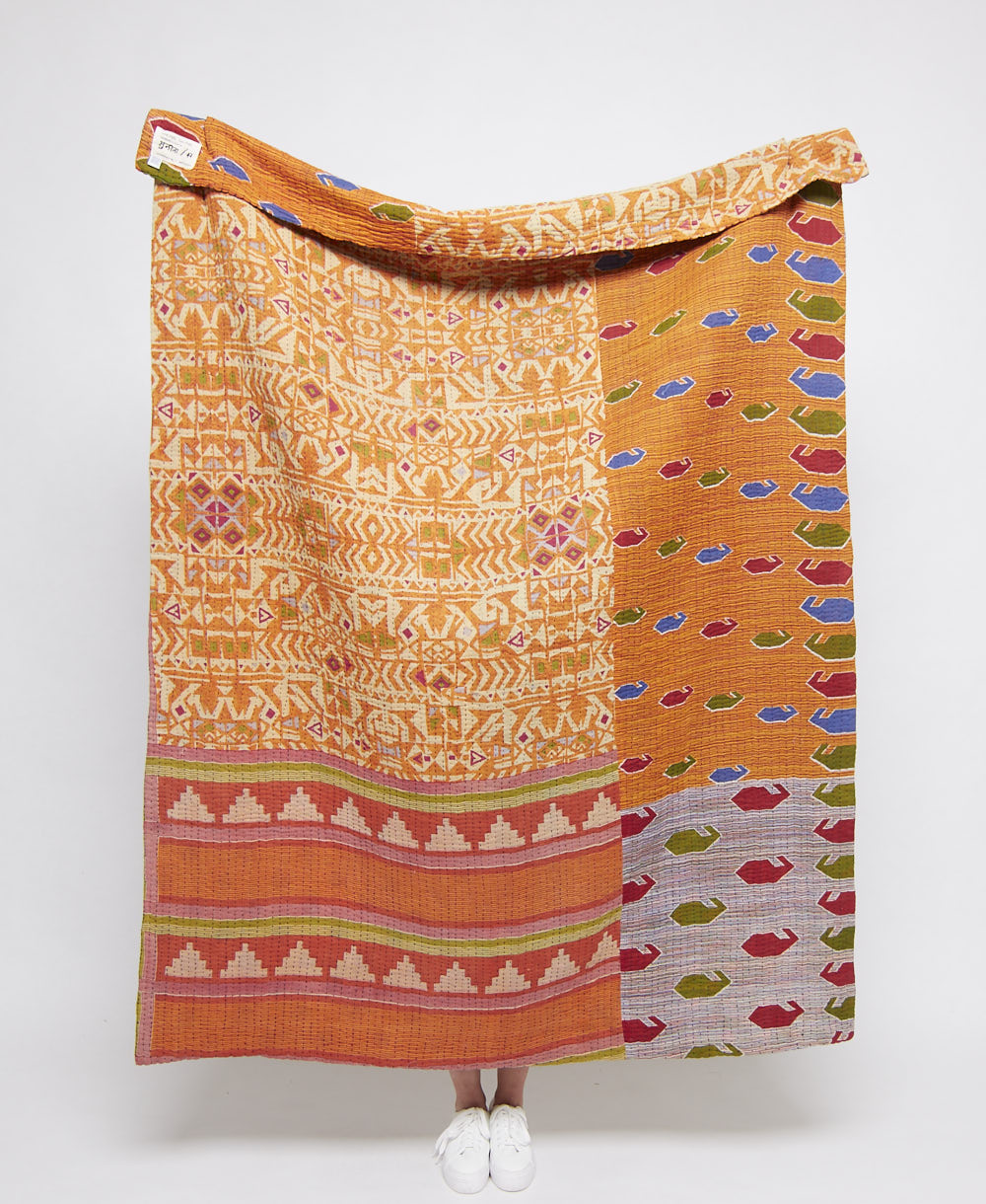  Artisan made light orange geometric kantha quilt throw  