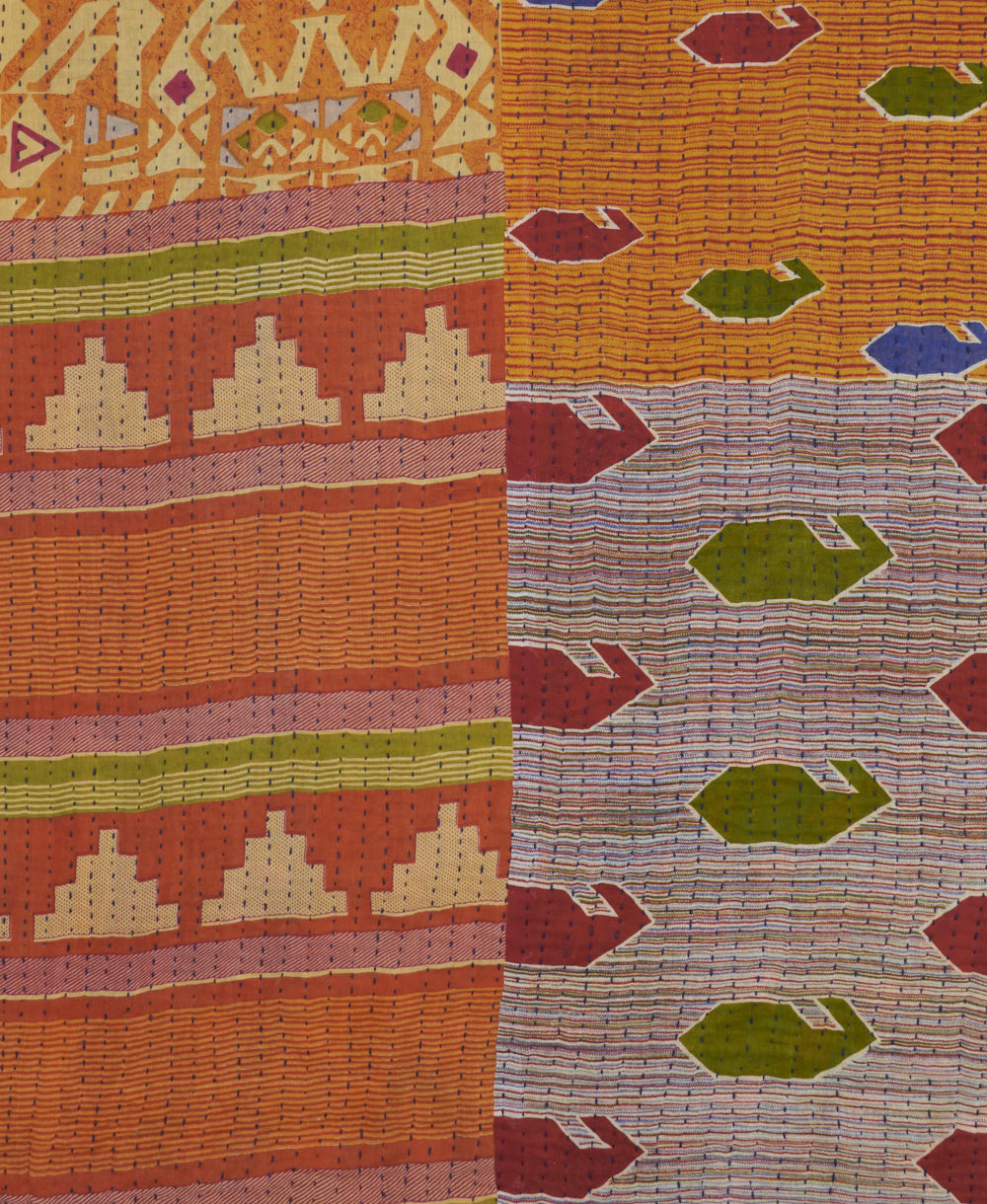 light orange geometric Kantha quilt throw made of recycled vintage saris