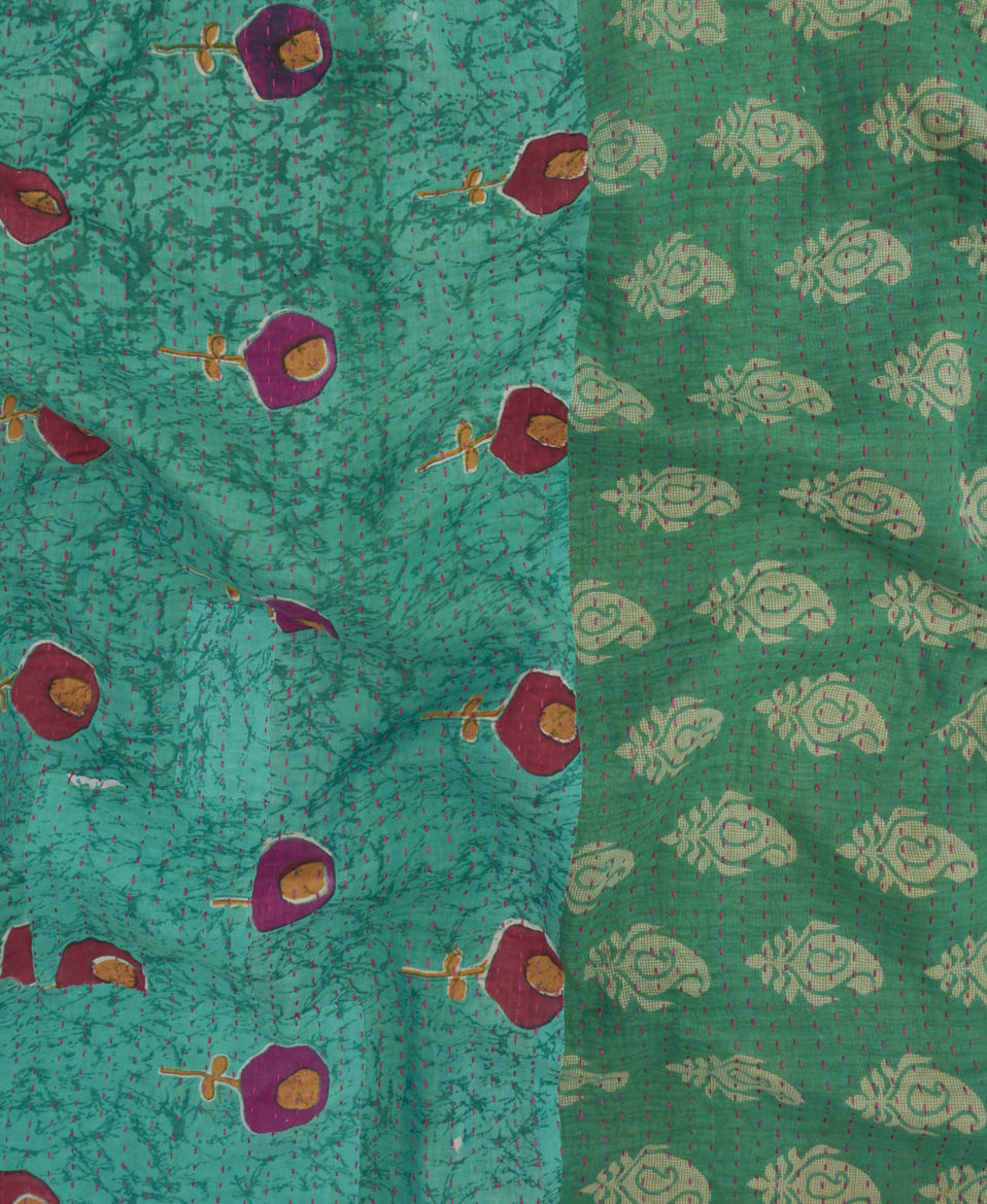 Kantha quilt throw featuring teal & hot pink blossom traditional kantha hand stitching