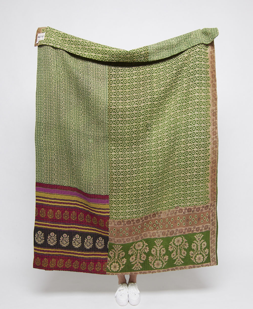  Artisan made green kantha quilt throw  