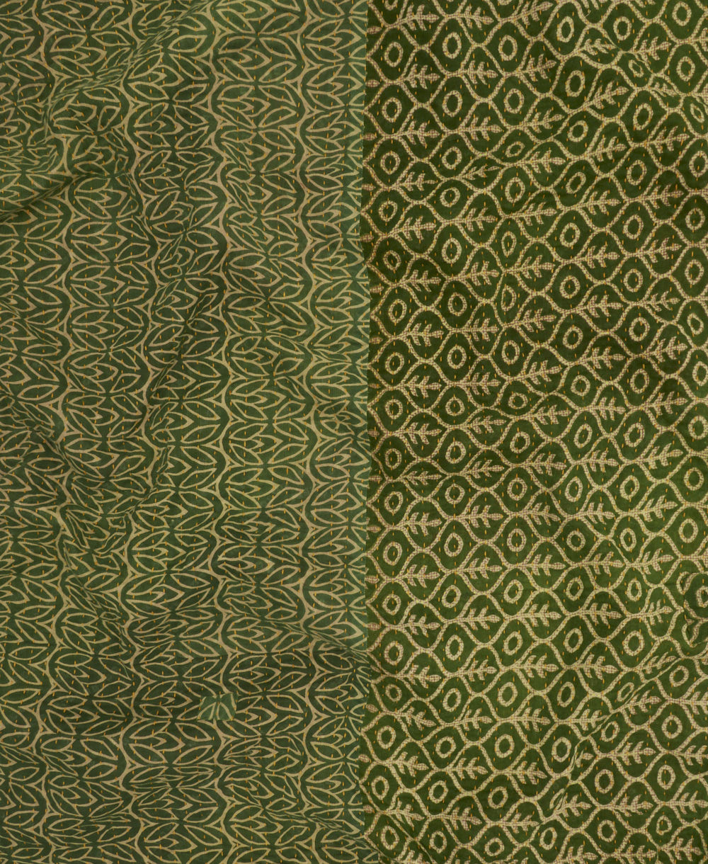 Kantha quilt throw featuring green traditional kantha hand stitching