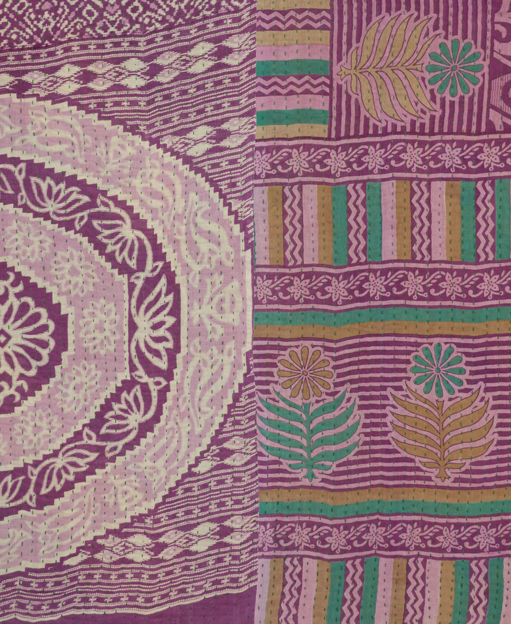 bubblegum pink Kantha quilt throw made of recycled vintage saris