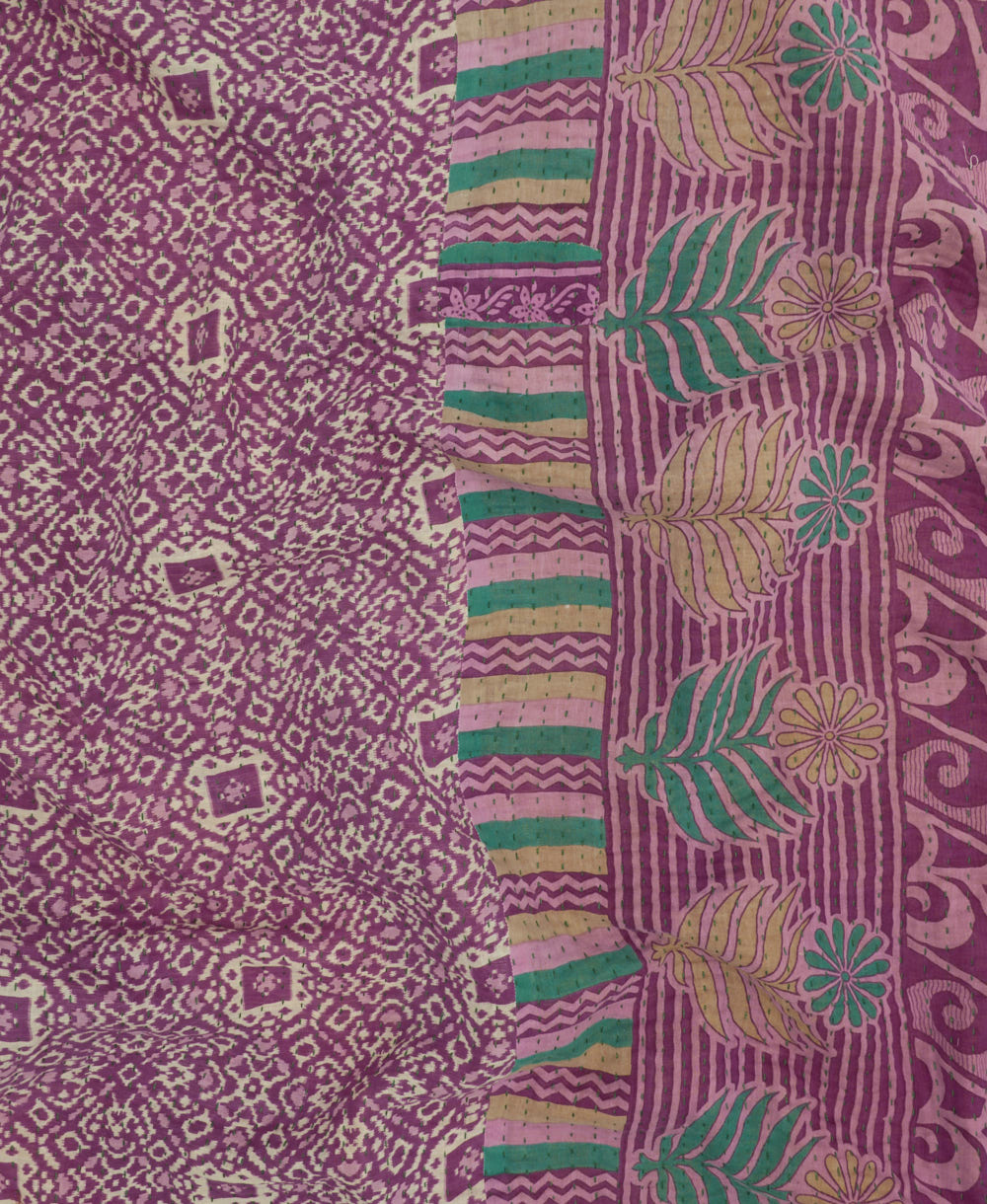 Kantha quilt throw featuring bubblegum pink traditional kantha hand stitching