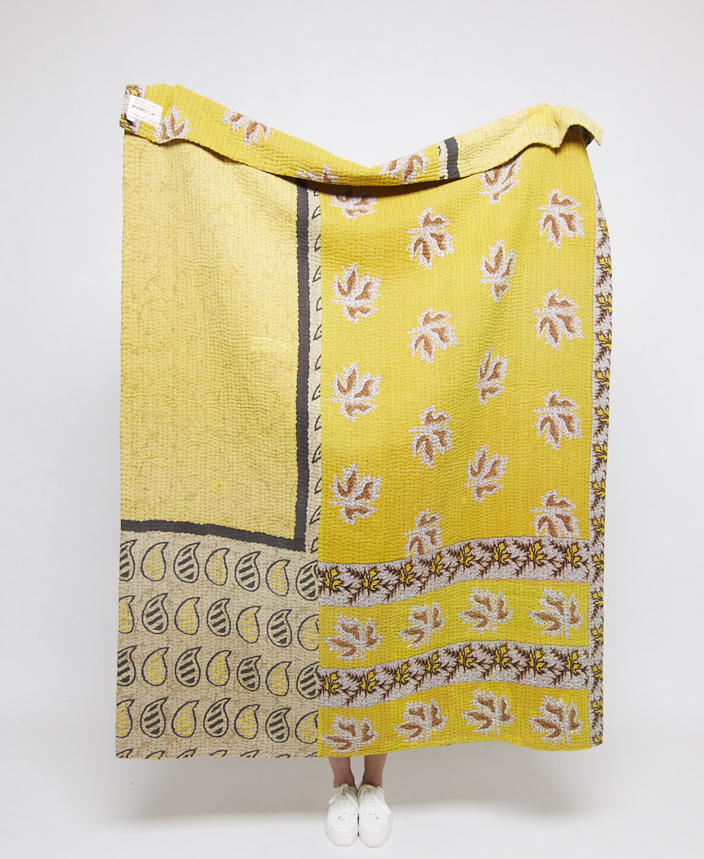  Artisan made sunshine yellow kantha quilt throw  