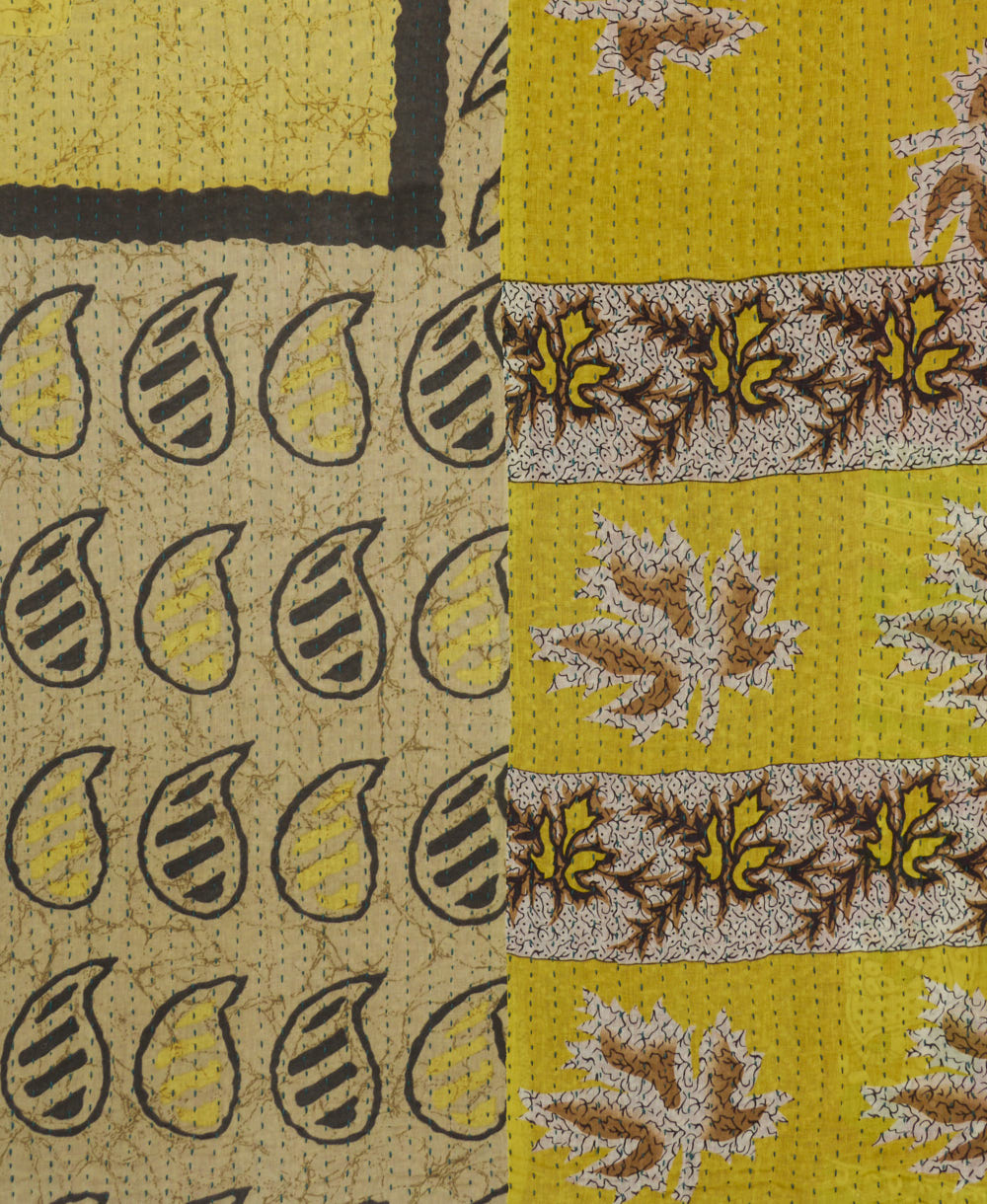 sunshine yellow Kantha quilt throw made of recycled vintage saris