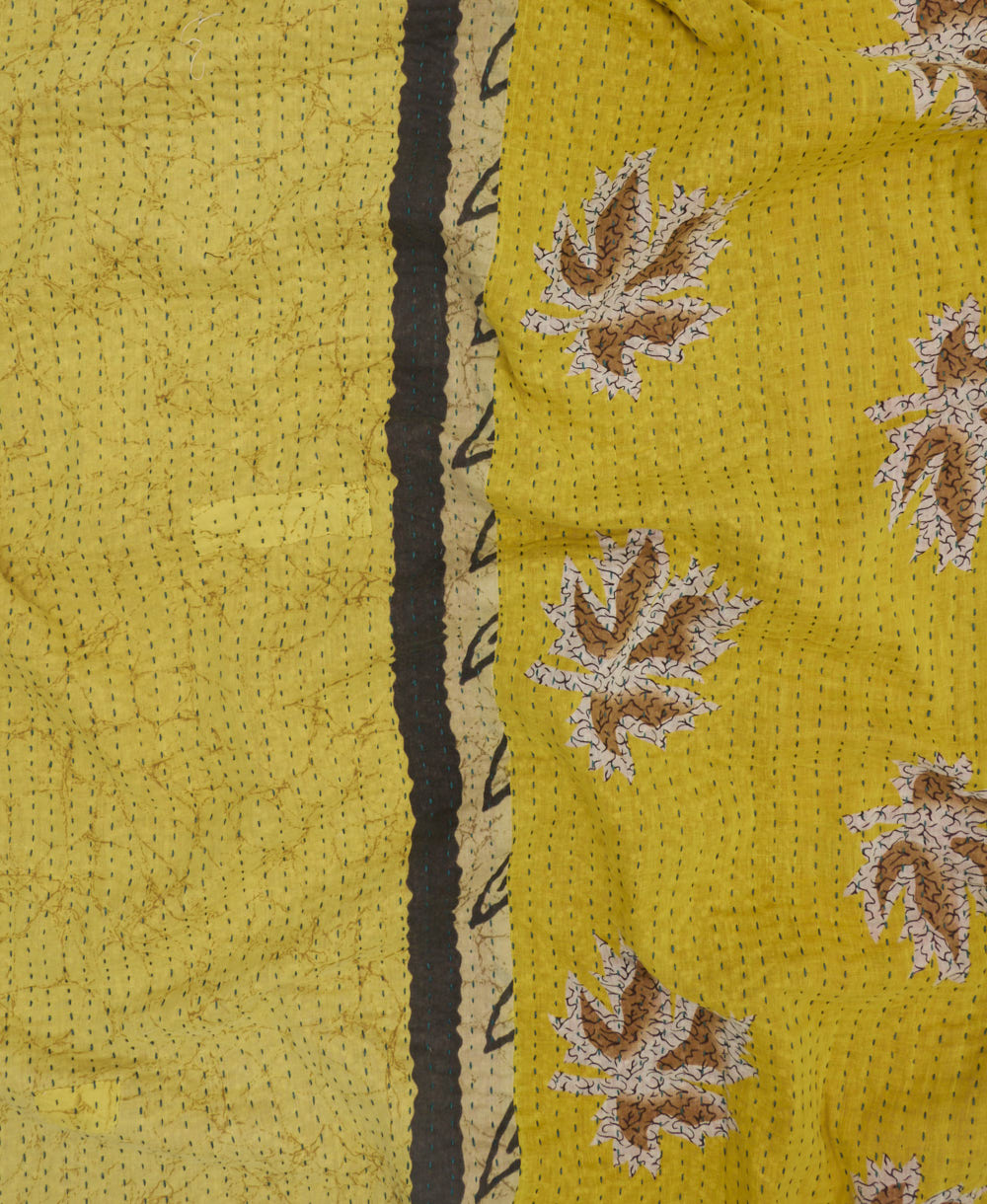 Kantha quilt throw featuring sunshine yellow traditional kantha hand stitching