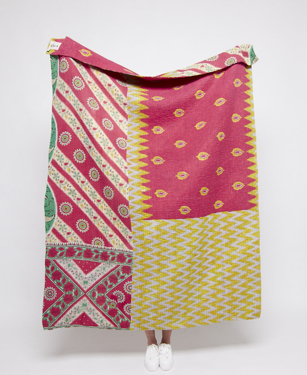  Artisan made hot pink & yellow chevron kantha quilt throw  