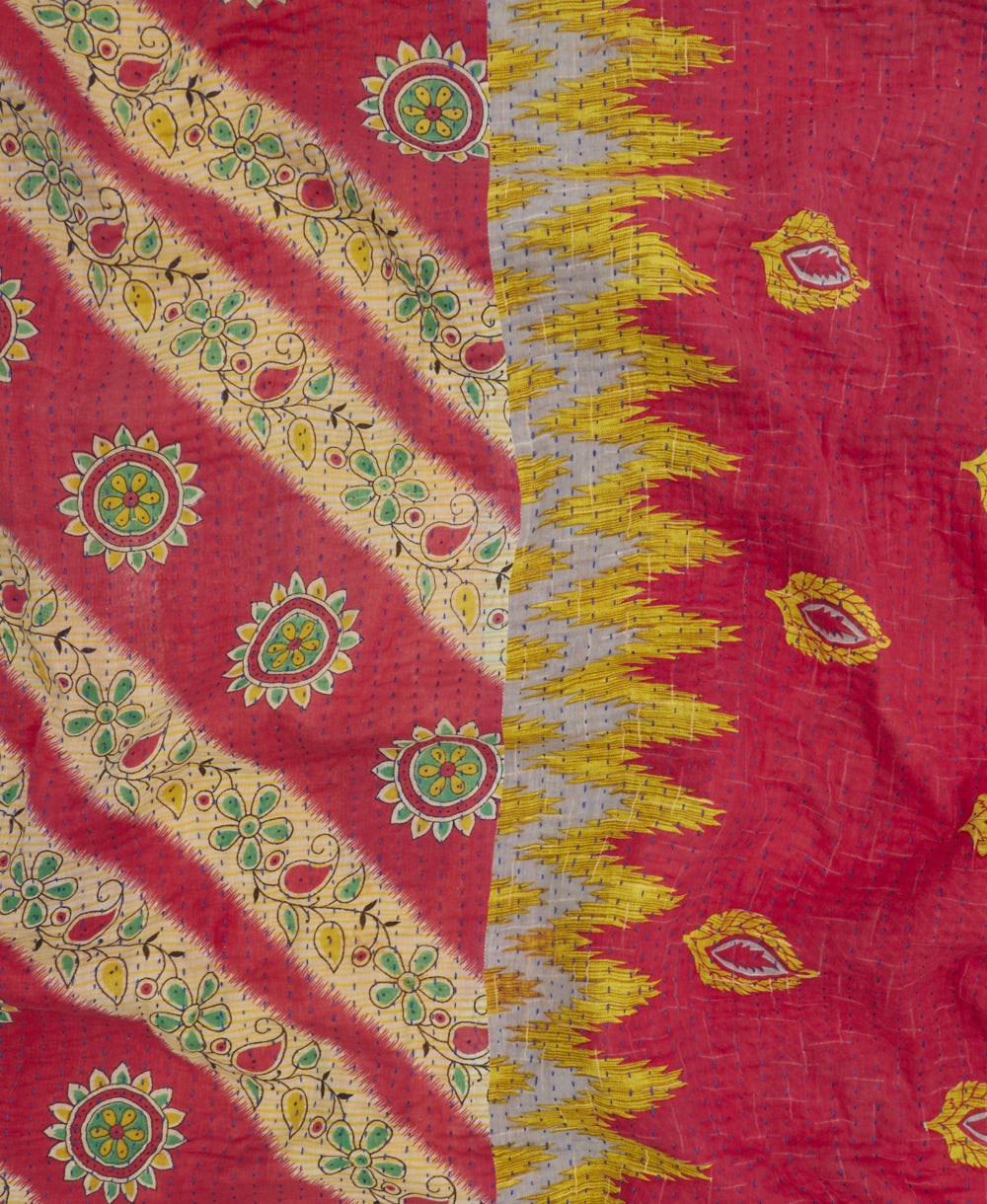 Kantha quilt throw featuring hot pink & yellow chevron traditional kantha hand stitching