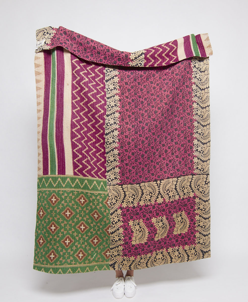  Artisan made magenta pink chevron kantha quilt throw  