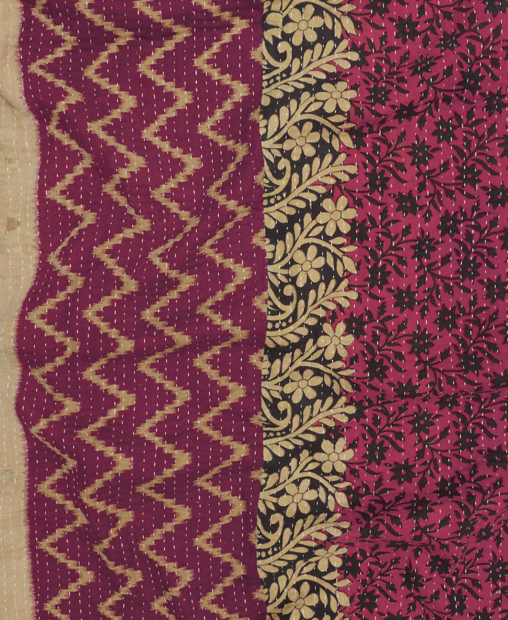 Kantha quilt throw featuring magenta pink chevron traditional kantha hand stitching