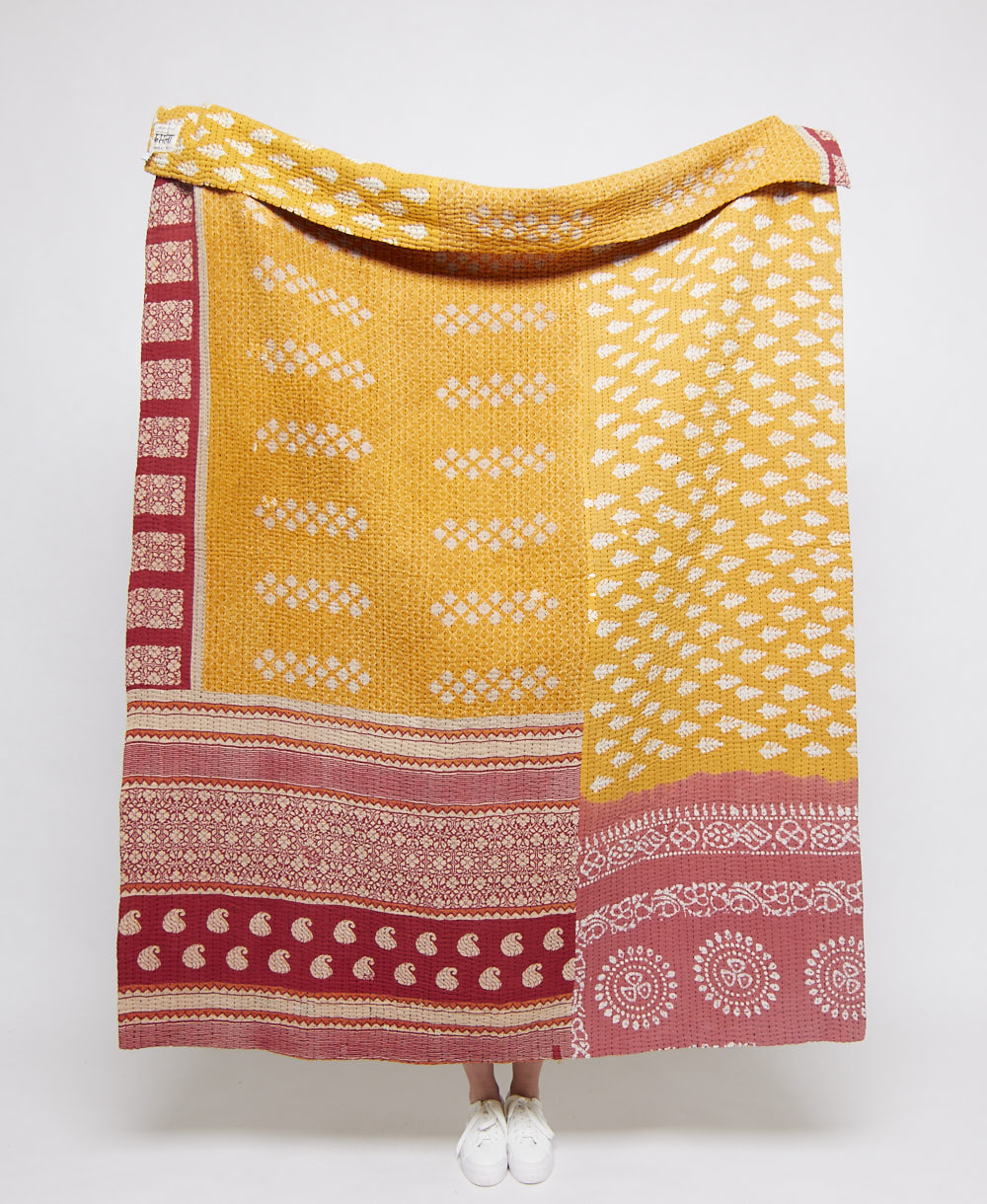  Artisan made yellow-orange floral kantha quilt throw  