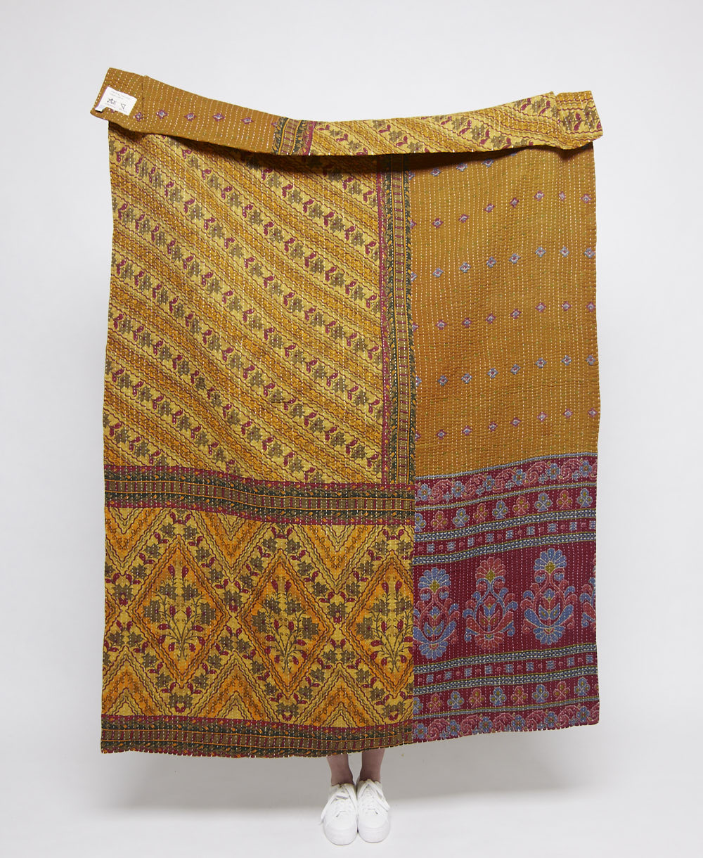  Artisan made mustard brown stripe kantha quilt throw  