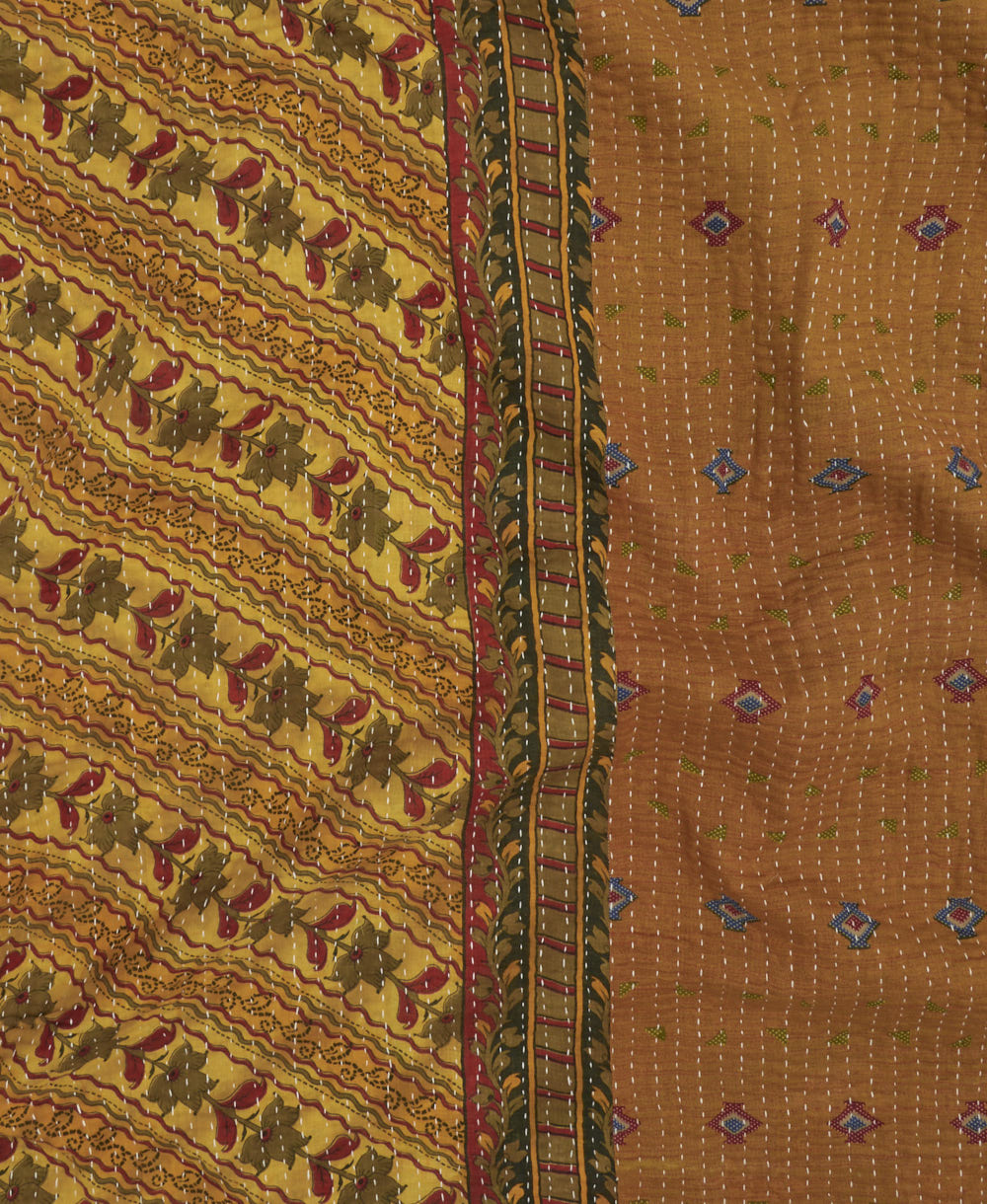 Kantha quilt throw featuring mustard brown stripe traditional kantha hand stitching