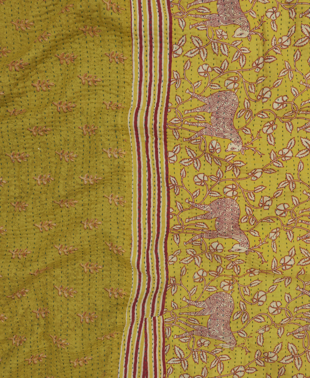 Kantha quilt throw featuring lime green traditional kantha hand stitching