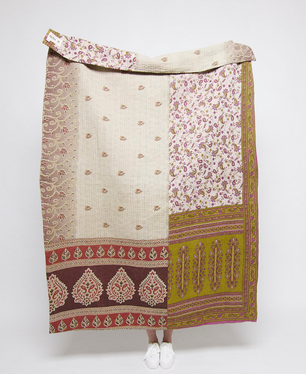  Artisan made white & olive paisley kantha quilt throw  