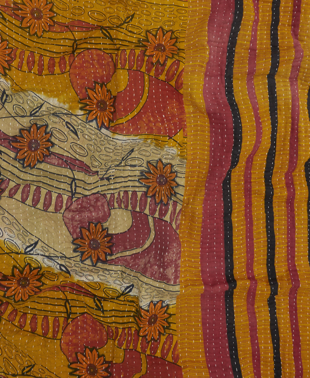 colorful Kantha quilt throw featuring traditional kantha hand stitching