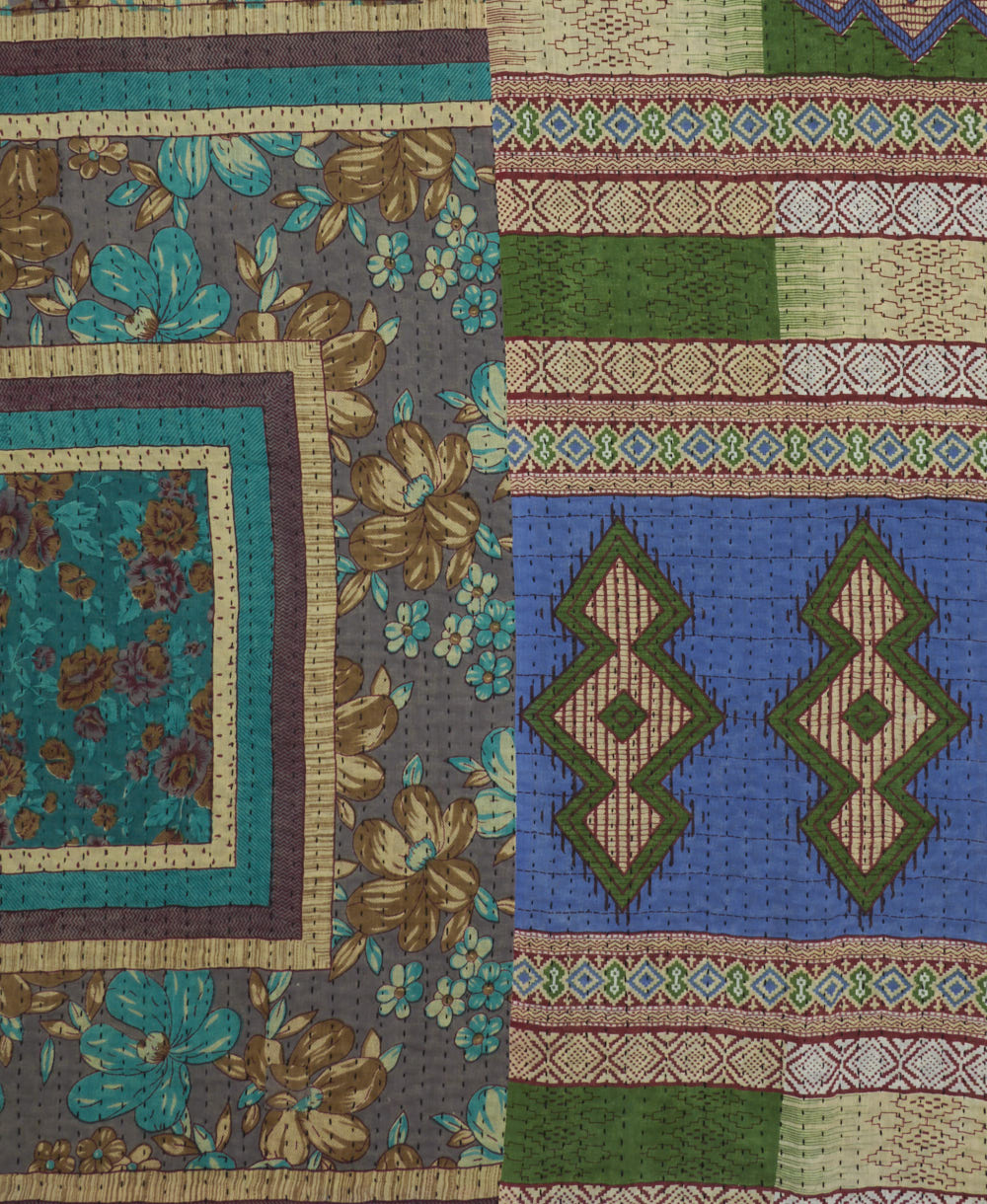 Kantha quilt throw featuring traditional kantha hand stitching