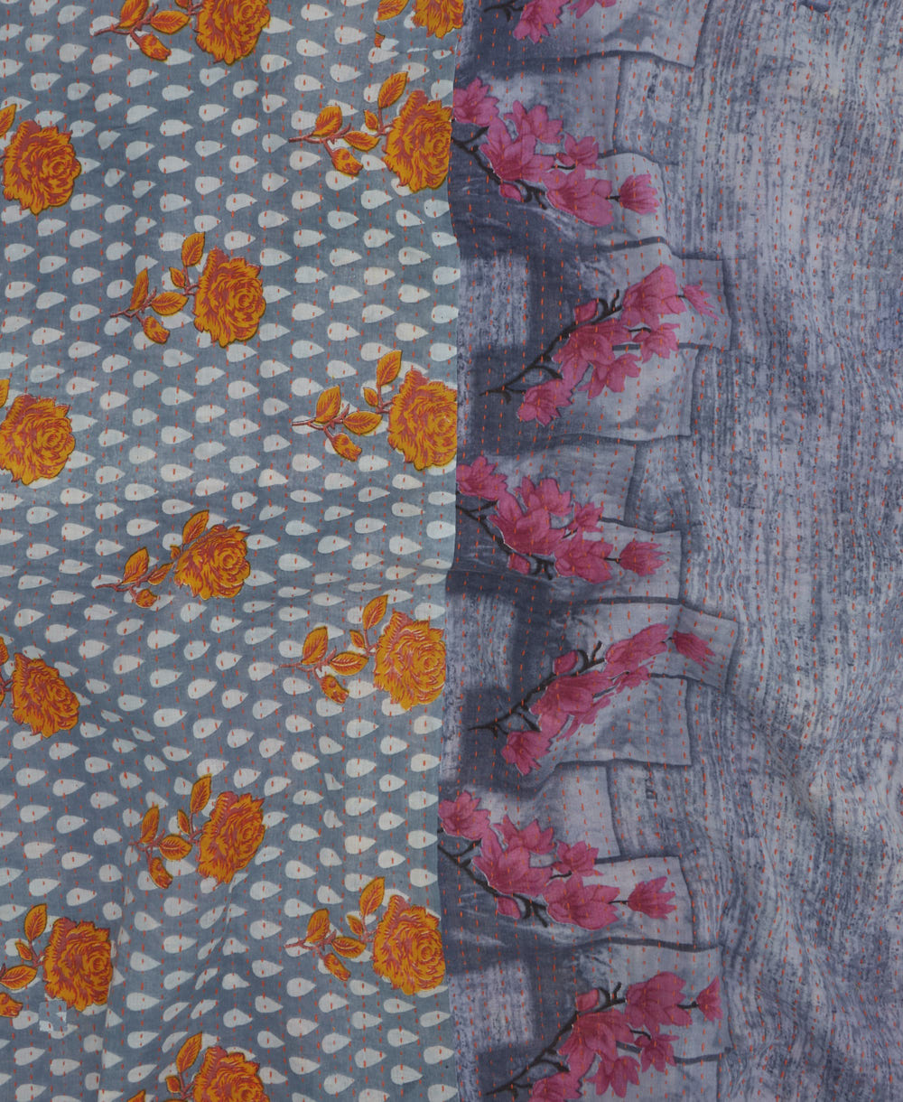 Kantha quilt throw featuring traditional kantha hand stitching