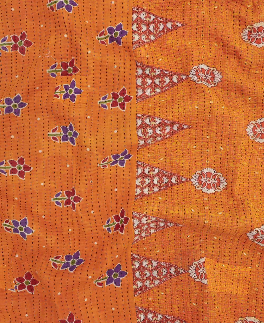 Kantha quilt throw featuring traditional kantha hand stitching