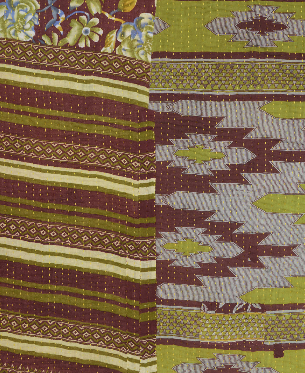 Kantha quilt throw featuring traditional kantha hand stitching