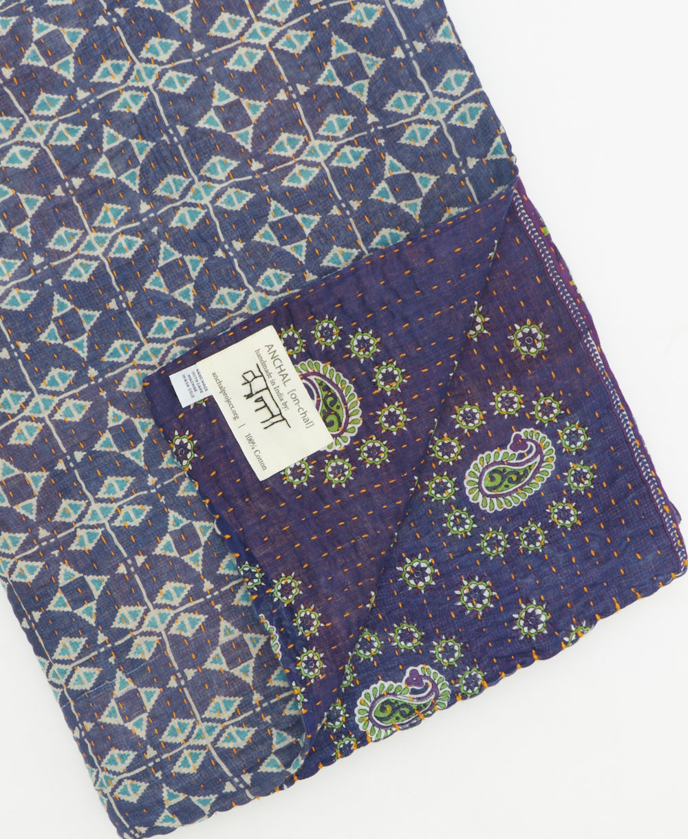 Kantha quilt throw featuring traditional kantha hand stitching