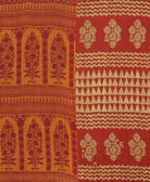 kantha quilt throw with a tag featuring the hand-stitched signature of the maker