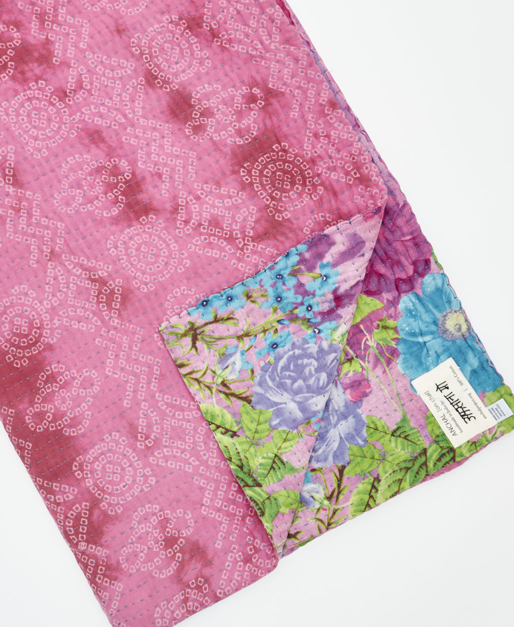 Kantha quilt throw featuring traditional kantha hand stitching