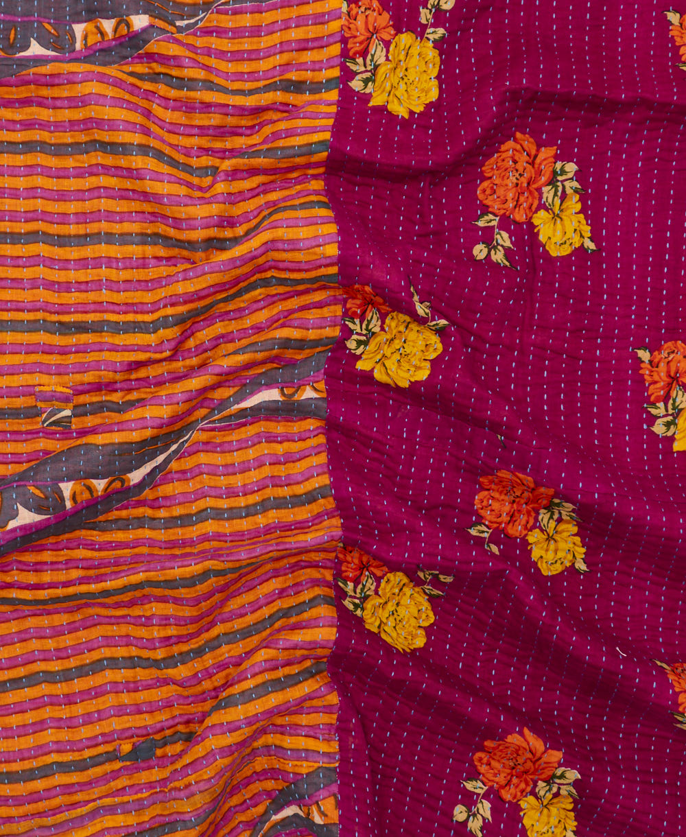 Kantha quilt throw featuring traditional kantha hand stitching