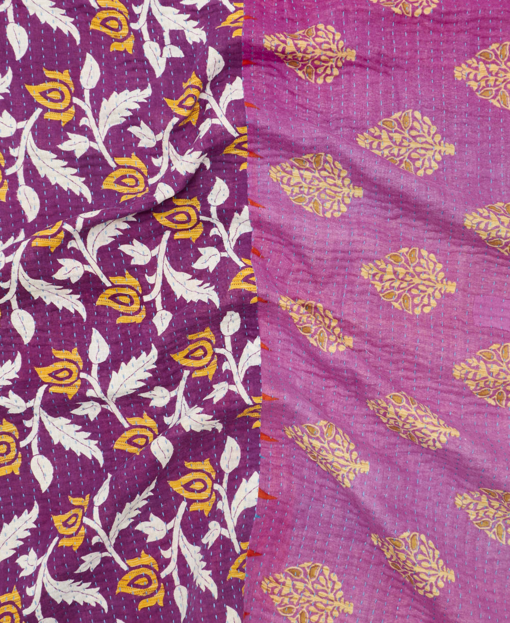 Kantha quilt throw featuring traditional kantha hand stitching
