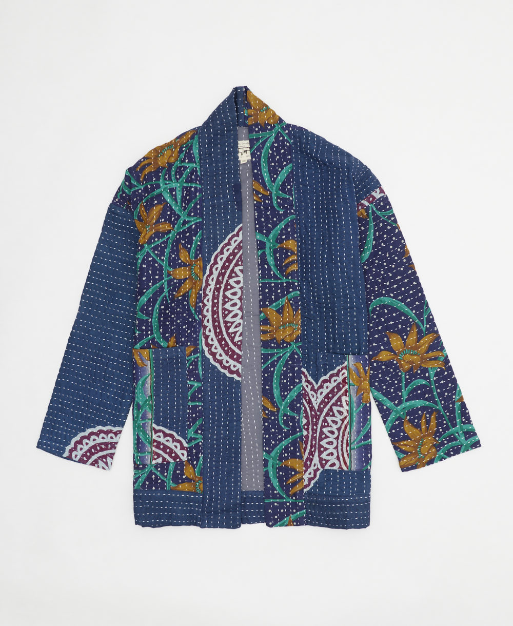 dark blue & teal floral open front quilted jacket made from upcycled saris by artisans in India