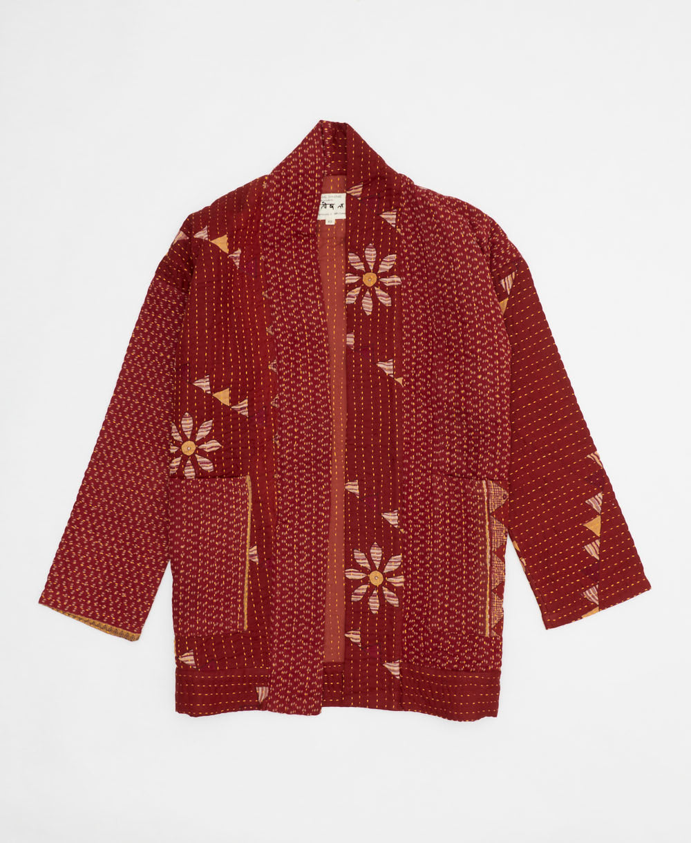 dark red daisy open front quilted jacket made from upcycled saris by artisans in India