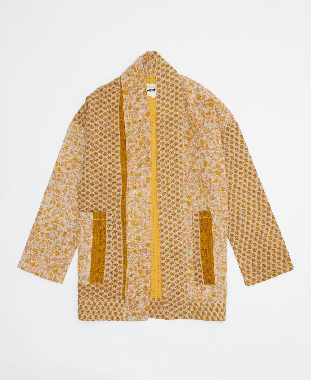 sunshine yellow floral open front quilted jacket made from upcycled saris by artisans in India