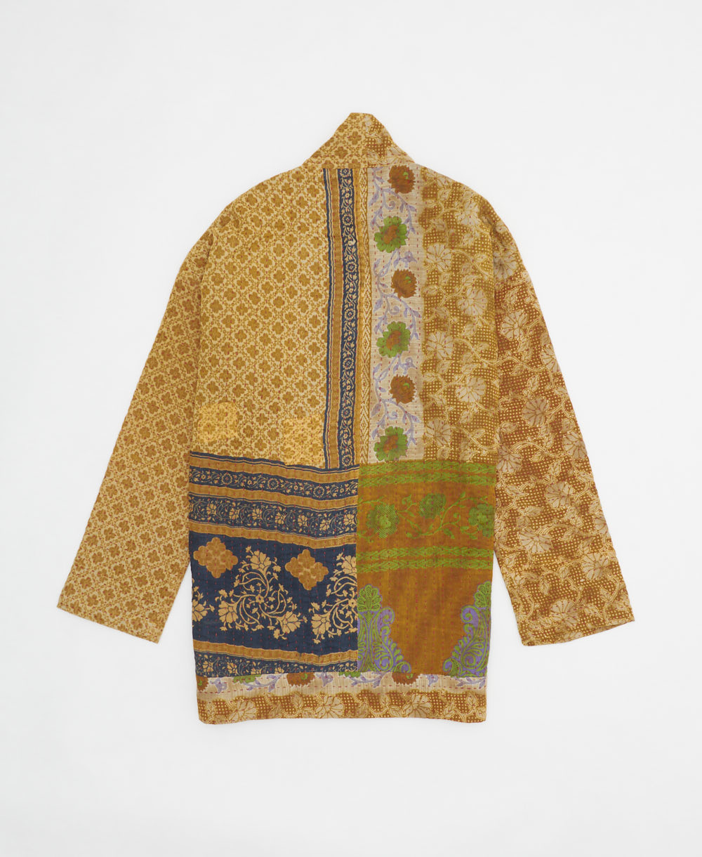 handmade open front cocoon quilted jacket in mustard yellow featuring a geometric print