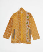 mustard yellow geometric open front quilted jacket made from upcycled saris by artisans in India