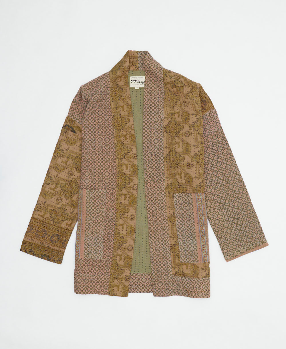 tan & olive floral open front quilted jacket made from upcycled saris by artisans in India