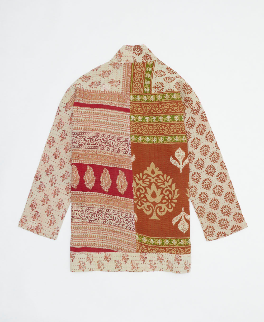 handmade open front cocoon quilted jacket in light tan featuring a muted red floral print