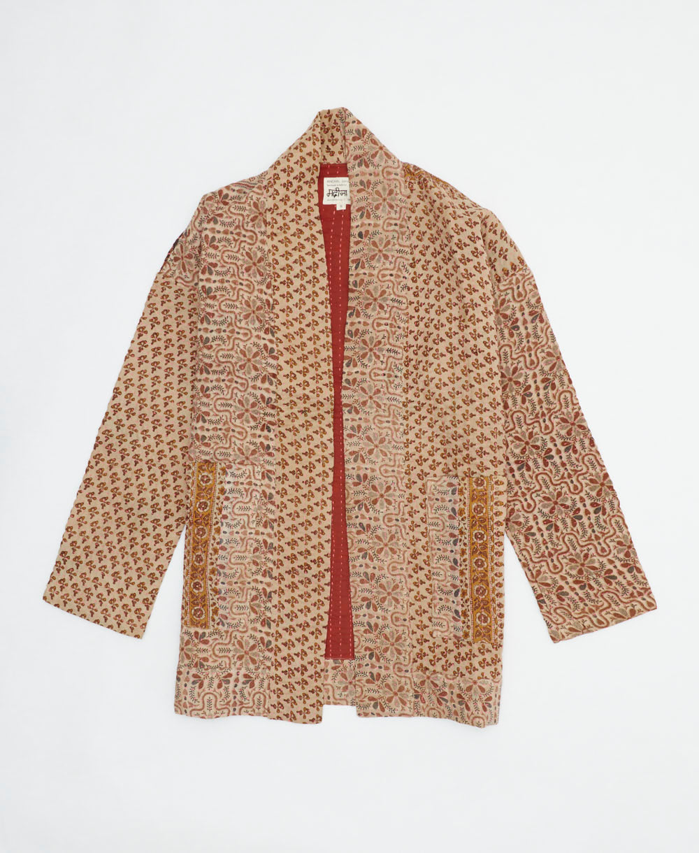 tan dainty floral open front quilted jacket made from upcycled saris by artisans in India