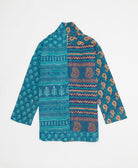 handmade open front cocoon quilted jacket in ocean blue featuring a tan paisley print