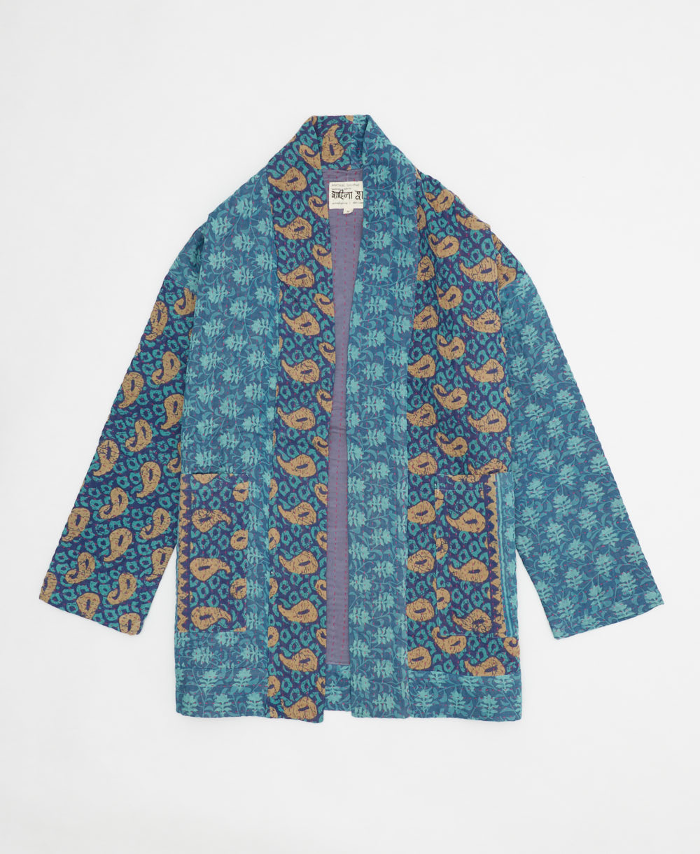 ocean blue paisley open front quilted jacket made from upcycled saris by artisans in India