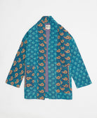 ocean blue paisley open front quilted jacket made from upcycled saris by artisans in India